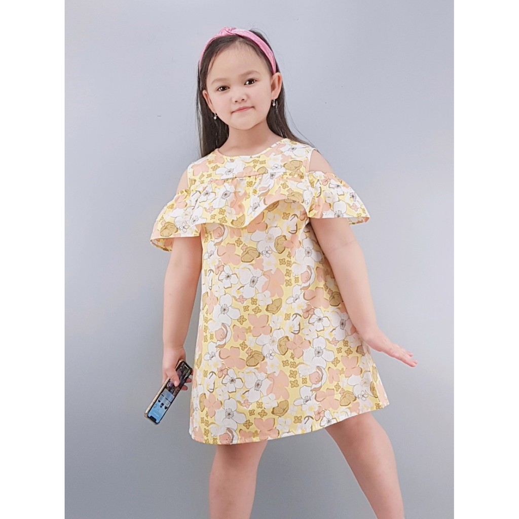 XV0066-A4 - Váy bé gái, thô, trễ vai, bèo ngực, in hoa, màu hồng tím , size nhỡ 8t-12t, Ri5 - Hàng Made In Vietnam