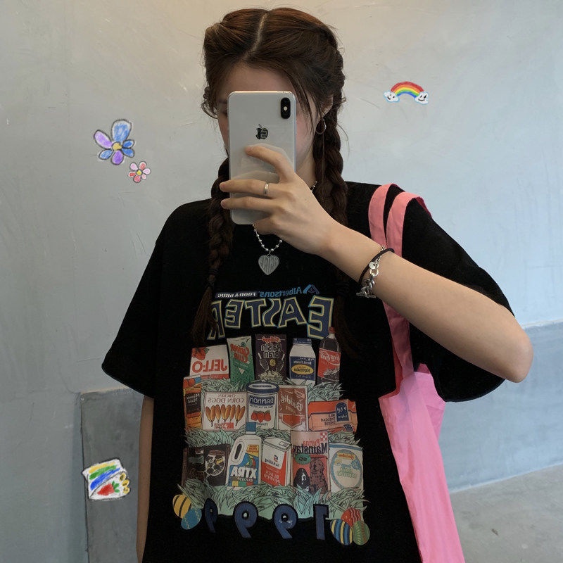 COZOK Áo Thun Tay Ngắn Form Rộng In Họa Tiết Thời Trang Harajuku