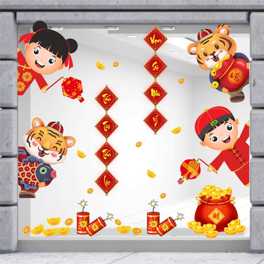 Decal Trang Trí Tết Bé Múa Lân Và Thần Tài Đón Tết - Decal tết cao cấp không viền trắng có sẵn keo sẵn [Hỗ trợ xuất VAT] | BigBuy360 - bigbuy360.vn