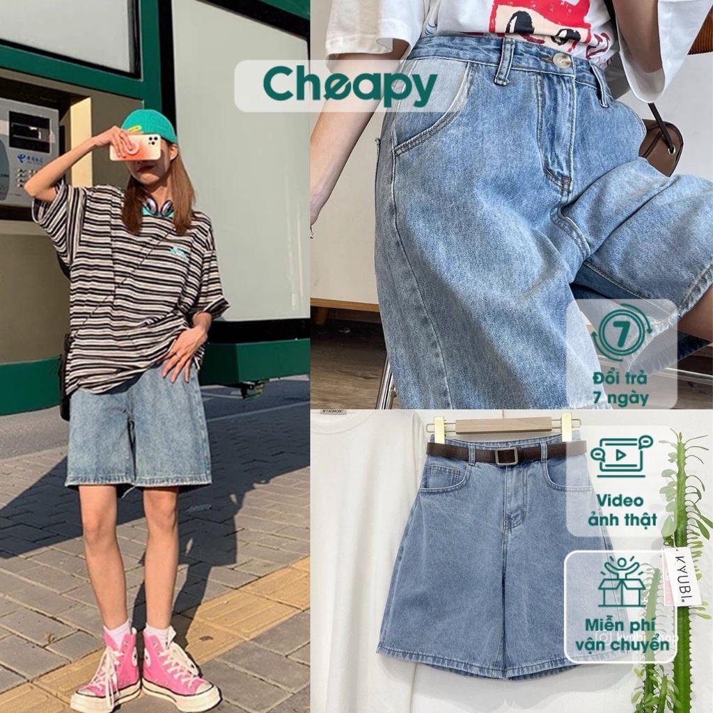 Quần short jean nam nữ bò ngố Cheapy freesize lưng cao có size màu xanh mài hàn quốc phom suông ống rộng không giãn