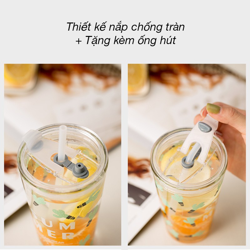 🍓TẶNG ỐNG HÚT🍓 Ly thủy tinh Cao Cấp có nắp 450ml in hình hồng hạc , snoopy | BigBuy360 - bigbuy360.vn