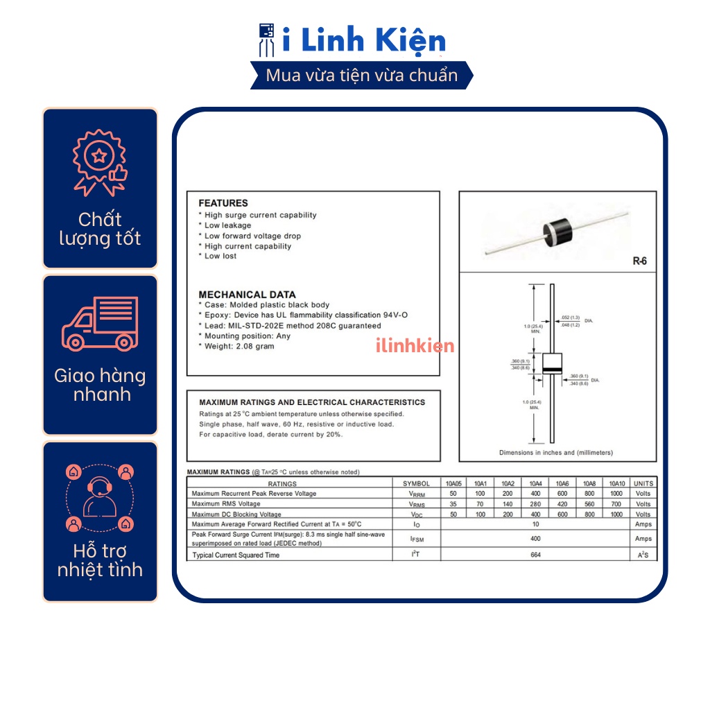 10A10 Diode chỉnh lưu 10A 1000V loại tốt