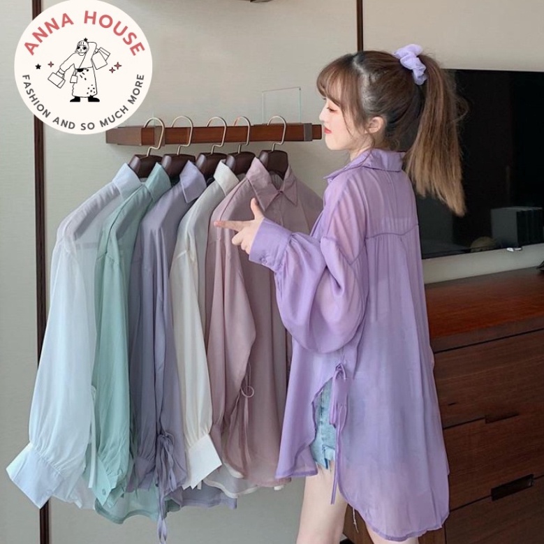 Áo sơ mi nữ khoác ngoài voan tơ mỏng dài tay bồng dây eo, Áo sơ mi nữ đi biển form rộng ovesize buộc nơ sườn Ulzzang