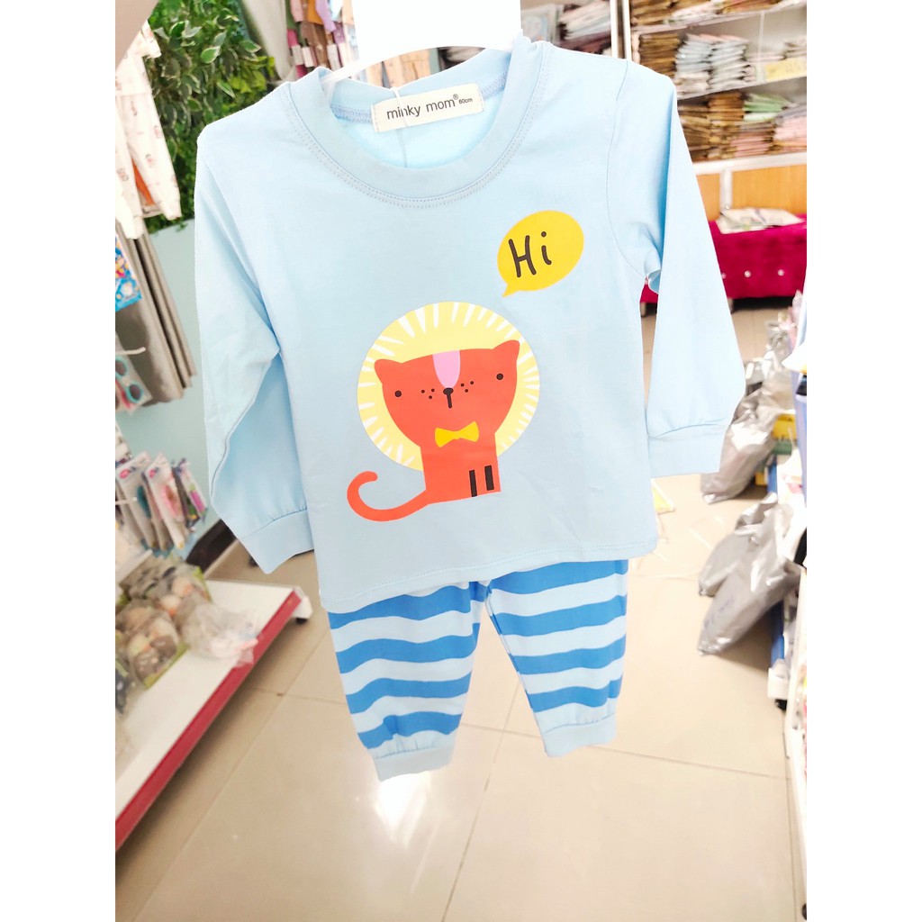 Bộ Dài Tay Minky Mom Cotton 100% Họa Tiết Hoạt Hình Dễ Thương Quần Kẻ Cho Bé Q211 - Unchi Store