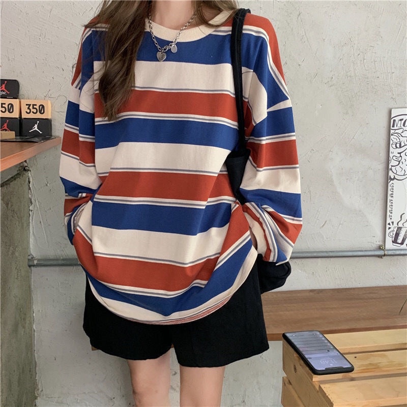 Áo Sweater Kẻ Sọc Form Rộng Tay Dài Phối Màu Cá Tính S-2XL