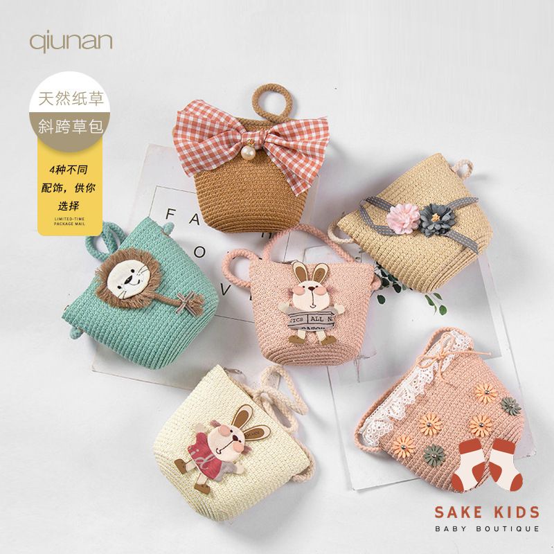 Túi cói mùa hè trẻ em, Túi đi biển dễ thương nhiều hình Nơ Thỏ có khóa kéo tiện lợi cho bé gái phong cách Hàn Quốc TC01