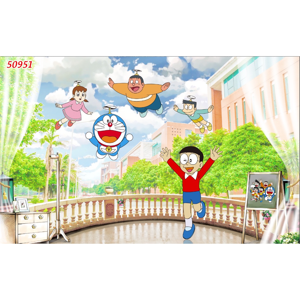 Tranh Dán Tường Trẻ Em 3D Chủ Đề Doraemon hoạt hình nổi tiếng Nhật Bản và thế giới