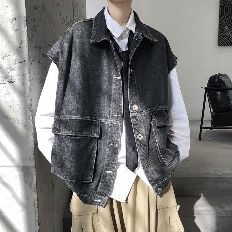 Áo Khoác Denim Sát Nách Dáng Rộng Phối Túi Kiểu Retro Cá Tính Cho Nam