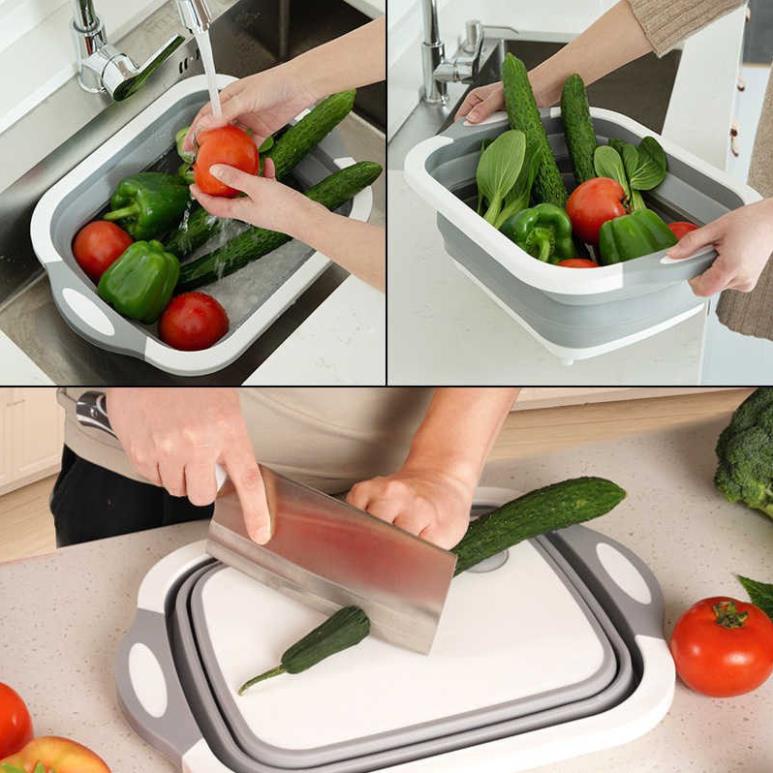 Chậu Gấp Gọn Kiêm Thớt Và Rổ Đựng - Thớt 3 In 1 Gấp Gọn, Đa Năng,Chậu Thông Minh [Grap]