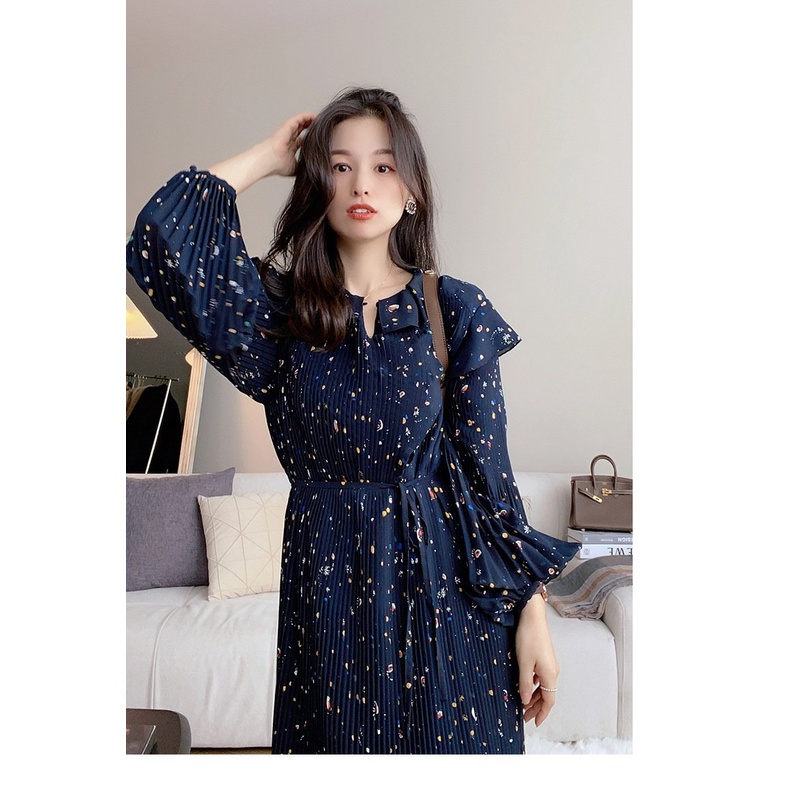 Váy hoa li ti dài tay cổ phối bèo thắt eo xòe xếp ly sang trọng thanh lịch tiểu thư -