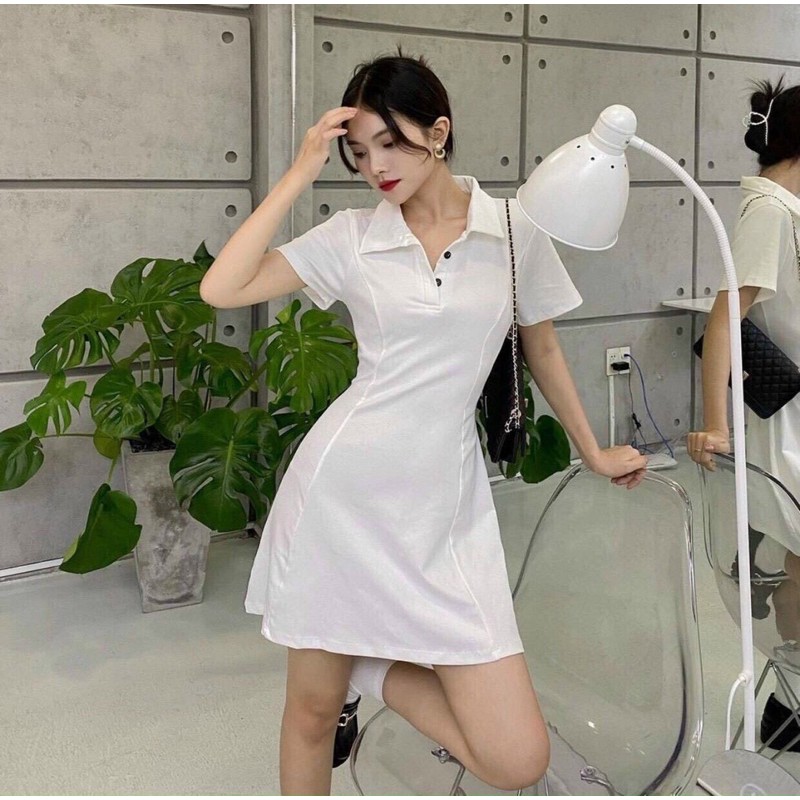 WHITE POLO - ĐẦM POLO TRẮNG NÚT ĐEN