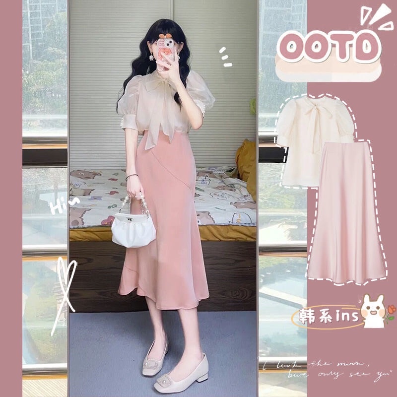 Set áo voan và chân váy lụa phong cách công sở hàn quốc
