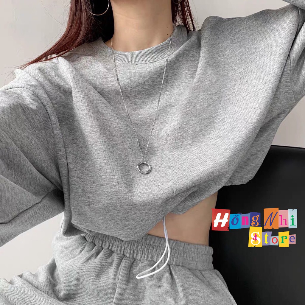 Áo Croptop Rút Dây Trơn Tay Dài Dáng Rộng Ulzzang Màu Xám - MM