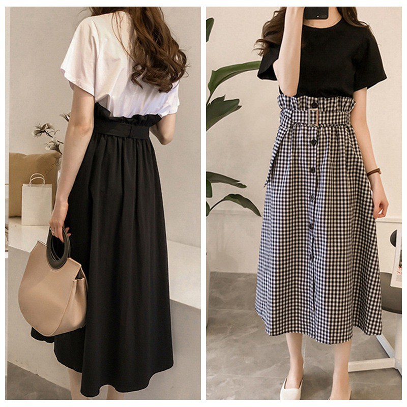 Set áo thun ngắn tay cổ tròn + chân váy lưng cao thời trang Hàn Quốc cho nữ