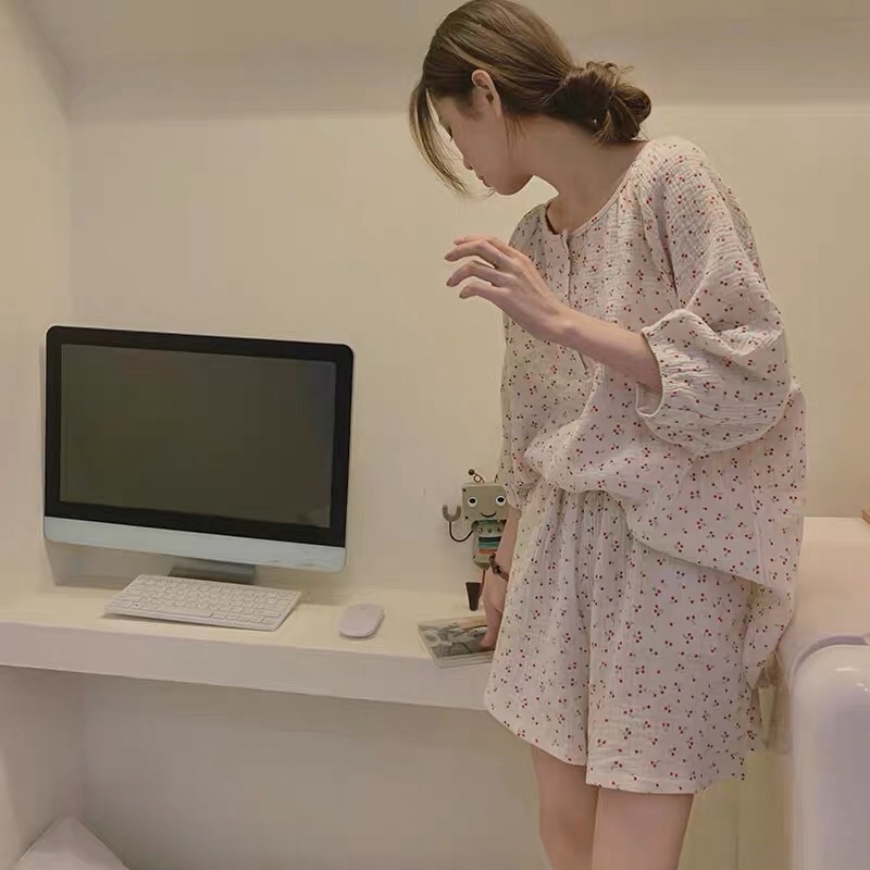 ( CÓ SẴN ) Đồ ngủ pyjama nữ ngắn xô muslin hoạ tiết cherry | BigBuy360 - bigbuy360.vn