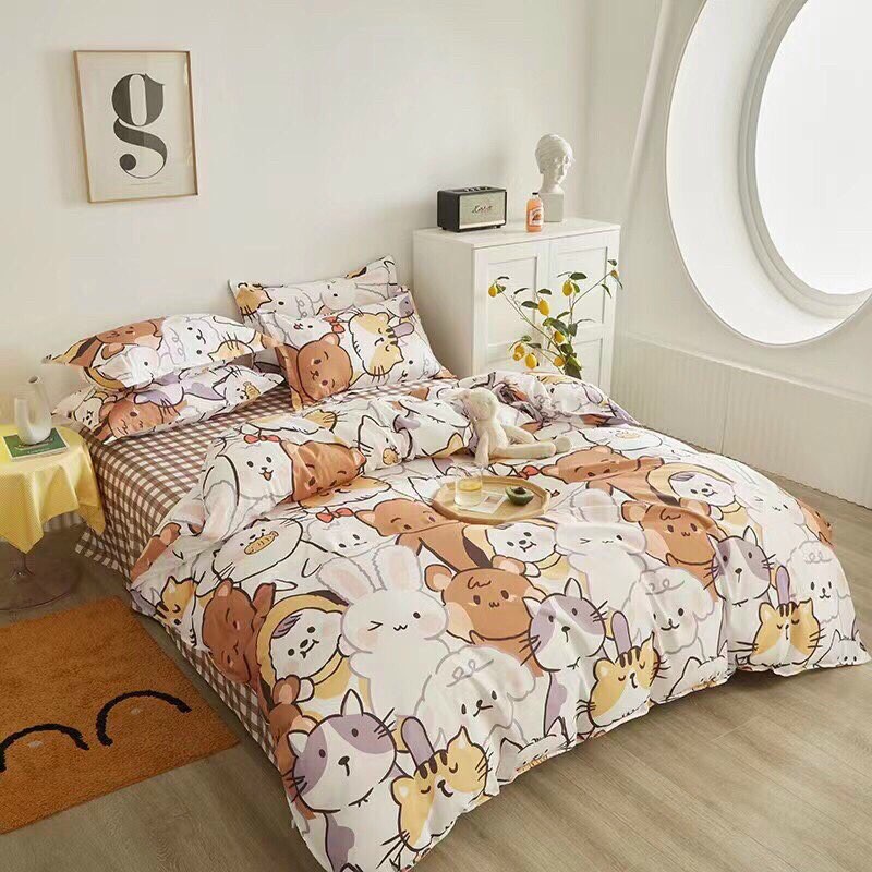 Bộ chăn ga gối Poly Cotton Mèo Thỏ nhí nhố đáng yêu (Tặng vỏ gối ôm) - Miễn phí bo chun