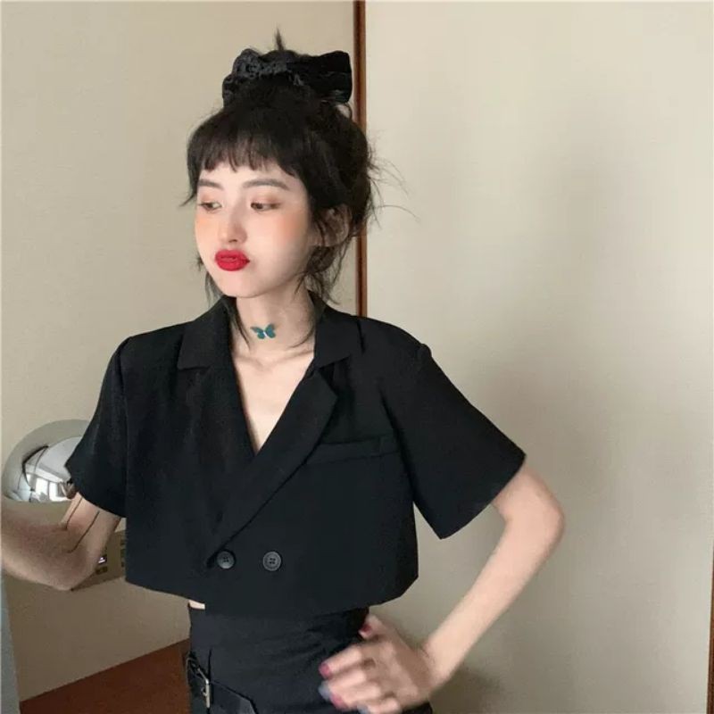 Áo vest blazer nữ dáng croptop tay lỡ phong cách Hàn