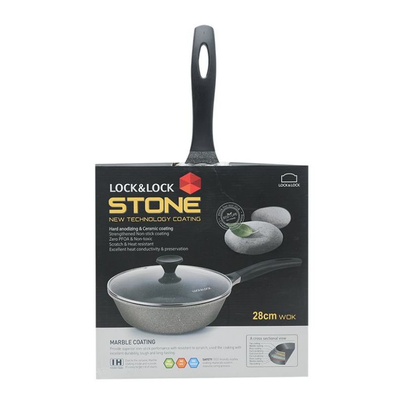 Chảo đá Lock&amp;Lock Stone LCA6285D 28cm sâu lòng vung kính dùng bếp từ