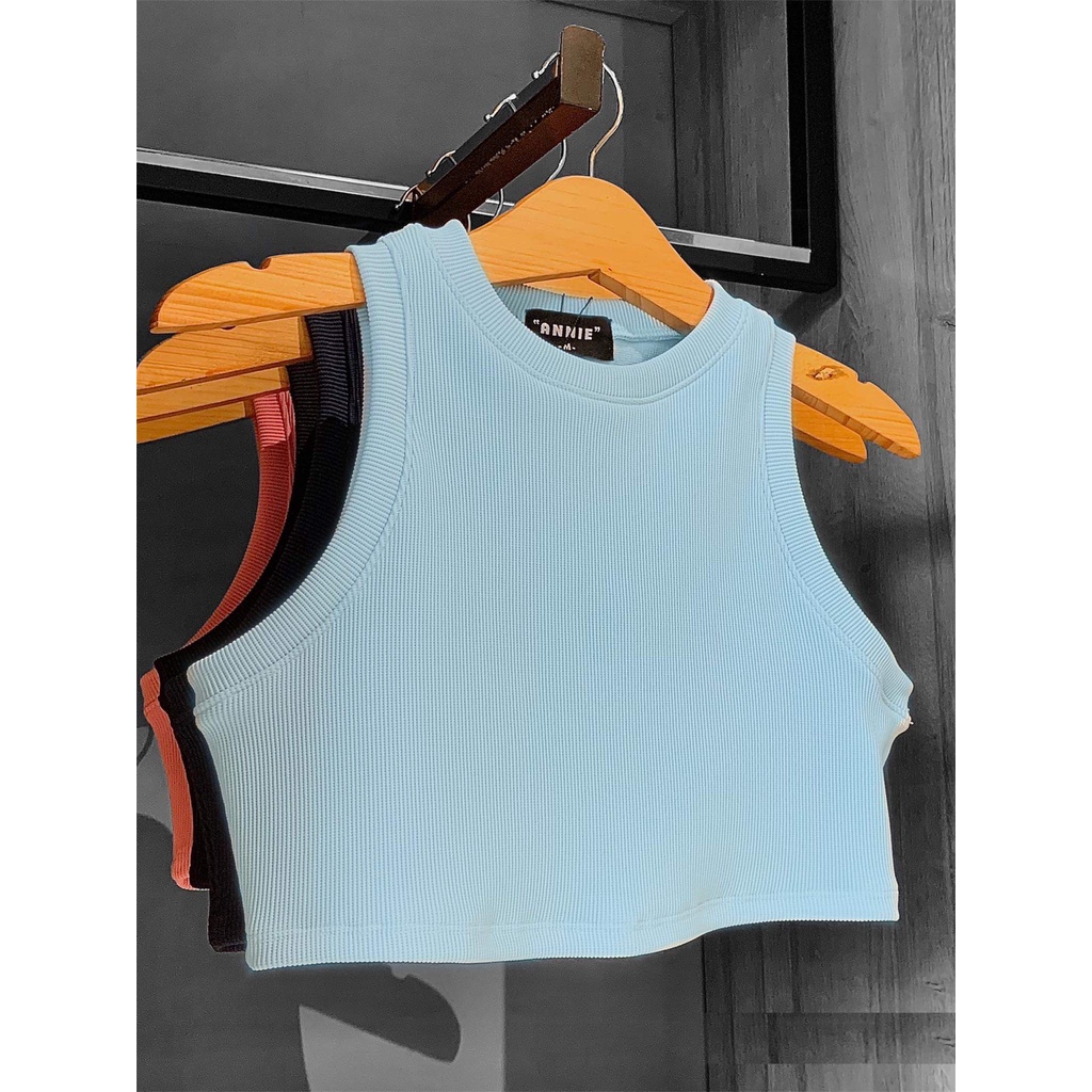 Anniegals - Áo thun cổ tròn tay dài ngắn croptop - Ribbed Halter Croptop