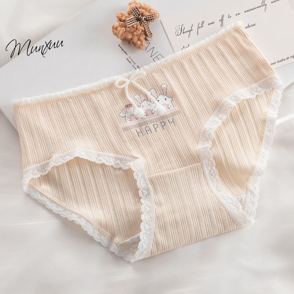 Quần lót nữ MUNXUU vải cotton co dãn mềm mịn, họa tiết thỏ dễ thương phối viền ren ngọt ngào nữ tính - QC119