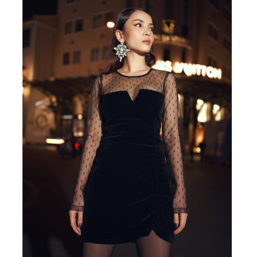 Đầm nhung ngắn lưới đen SY STORE