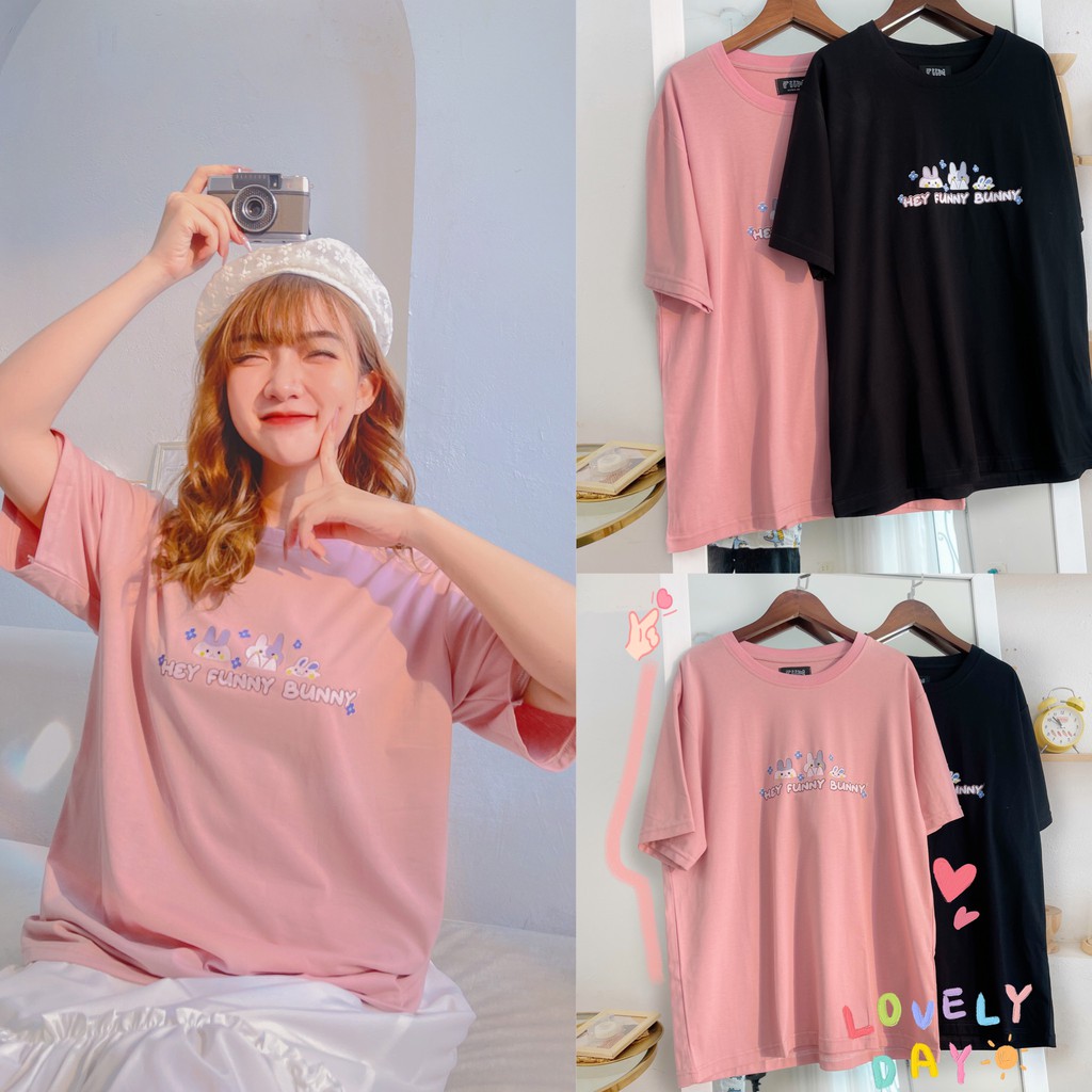 Áo thun tay lỡ HEY FUNNY BUNNY form rộng nhiều màu basic - Made by Fiin