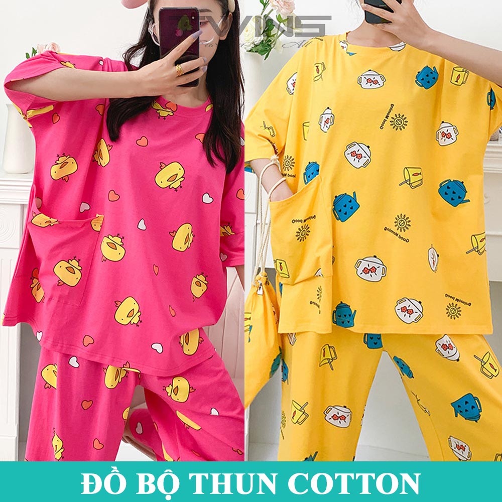 Bộ mặc nhà nữ cao cấp quần lửng chất thun cotton dày dặn thấm hút mồ hôi thoáng mát dễ thương hàng Quảng Châu