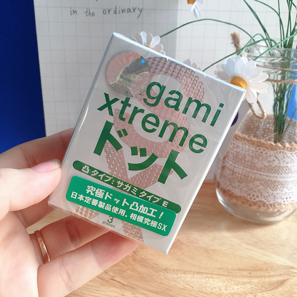 Bao cao su SAGAMI xanh cao cấp Nhật Bản, bao cao gân gai, kéo dài thời gian yêu, hộp 3 bao