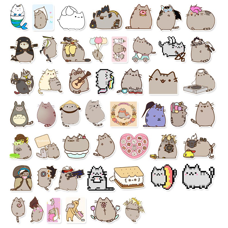 [Set 50 Cái] Bộ Sticker hình mèo Pusheen dễ thương dán trang trí laptop, mũ bảo hiểm, vali, xe ga, ván trượt - DB.052
