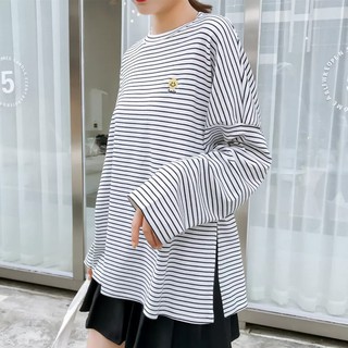 Áo thun Ulzzang KẺ NGANG ĐEN TRẮNG xẻ tà tay lỡ
