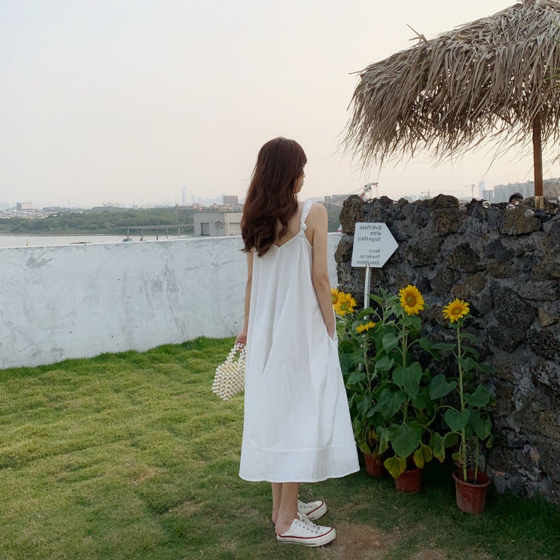 2022 summer new loose beach long skirt day white skirt