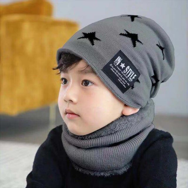 Set khăn mũ len họa tiết ngôi sao cho bé trai