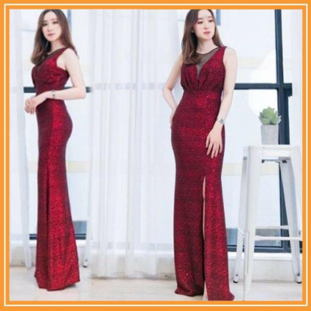 SHOP DẠ HỘI  Đầm Dự Tiệc Xếp Ly Chân Ngực Phối Lưới Xẻ Tà tặng hoa tai thời trang