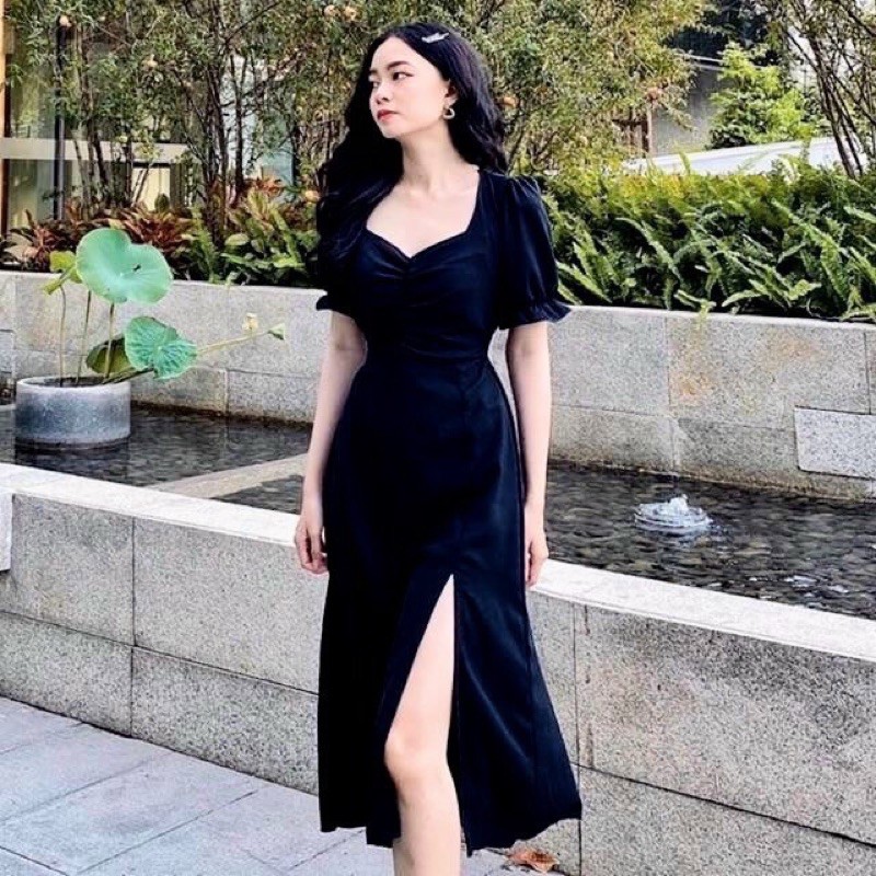 Đầm tay nhún thun xẻ tà 2 màu | BigBuy360 - bigbuy360.vn