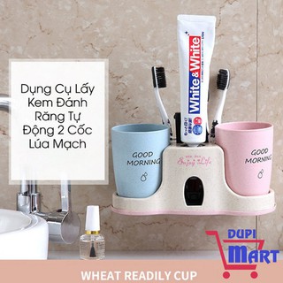 [TIỆN ÍCH] Dụng Cụ Nhả Kem Đánh Răng Tự Động - Kệ Để Bàn Chải Đánh Răng Dán Tường Tặng Kèm 2 Cốc Lúa Mạch Xinh Xắn