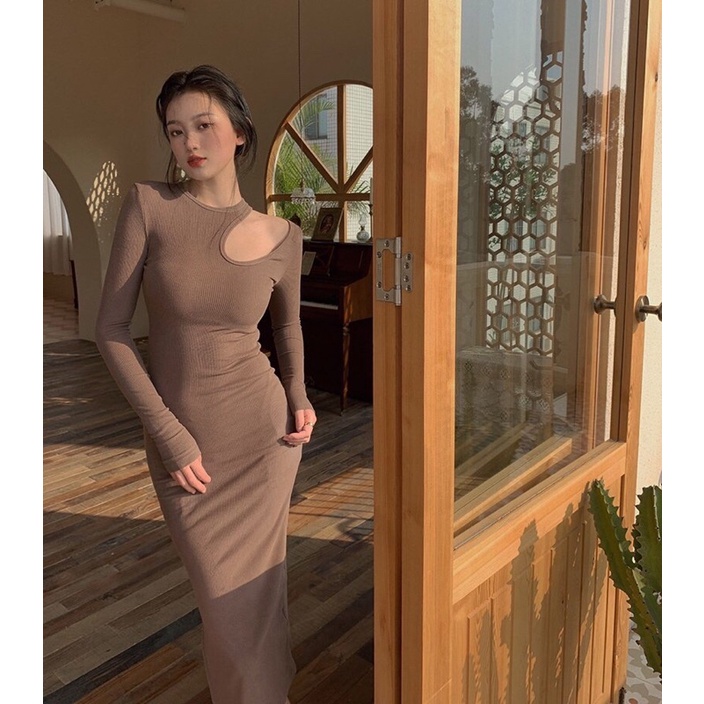 Váy body dài tay khoét vai, Đen/Nâu - Chất bozip siêu đẹp < 55kg