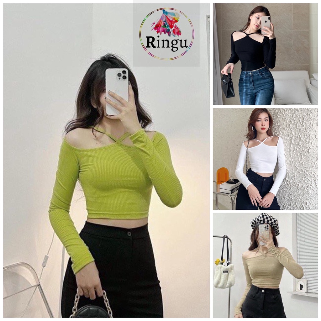 áo cổ chéo, áo kiểu trễ vai dây chéo cổ tay dài-ringu shop