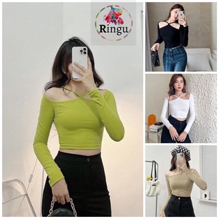 Áo cổ chéo, áo kiểu trễ vai dây chéo cổ tay dài-ringu shop