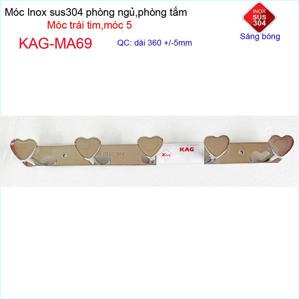 Móc treo quần áo inox 304 cao cấp dày, móc tim Kace 5 móc treo đồ nhà tắm KAG-MA69