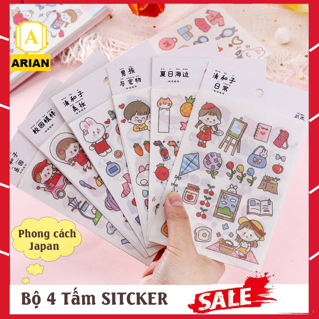 Bộ 4 Tấm STICKER Trang Trí Dán Phong Cách Nhật Bản Cực Kì Dễ Thương Chất Dính Siêu Bền