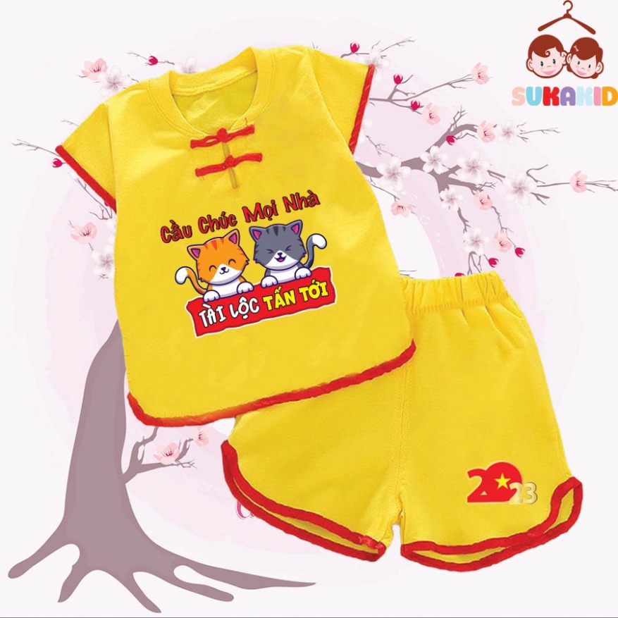 Gía sỉ Combo 2 Bộ quần áo tết hinh 2 con mèo cầu chuc mọi nhà tấn tài tấn lộc cho bé nút tàu tết bé từ 6kg-29kg.NT06.
