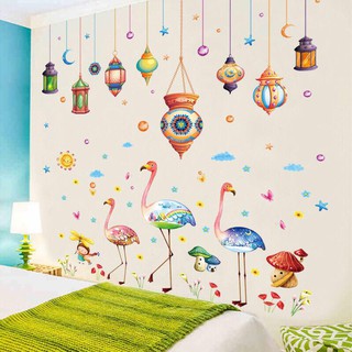 Combo 2 bức decal dán tường mẫu đèn sang chảnh kết hợp hồng hạc