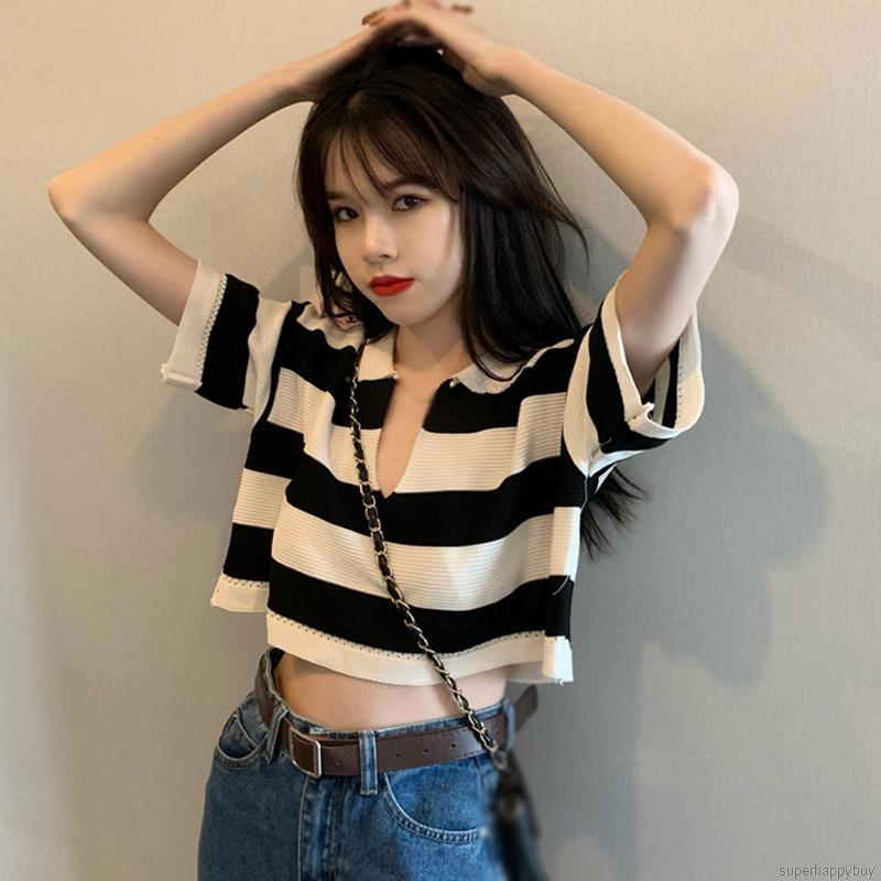 Áo croptop dáng rộng tay ngắn cổ chữ V họa tiết sọc thời trang thường ngày cho nữ