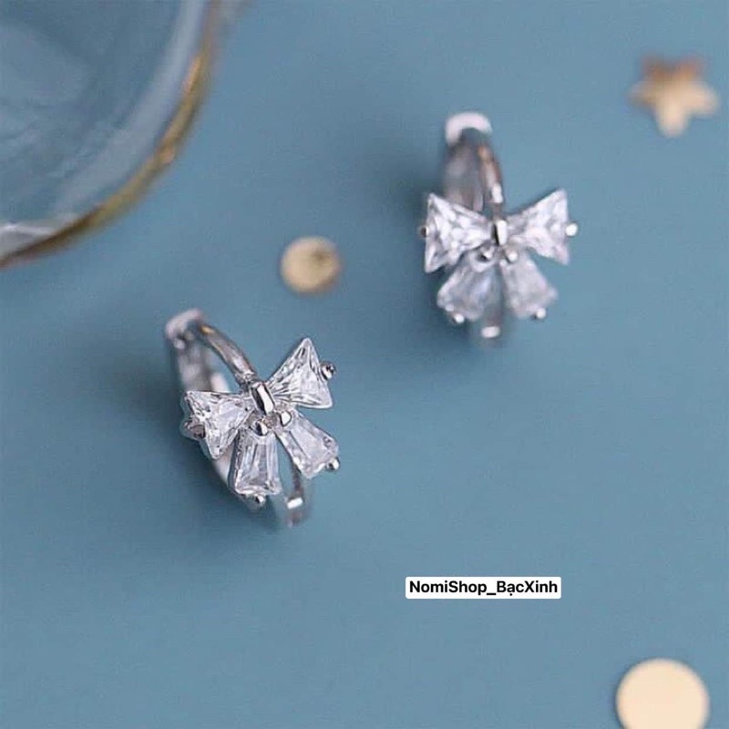 Bông tai nơ bạc đá chữ nhật cao cấp, chân ái của các nàng thơ Mainomi Shop Bạc Xinh