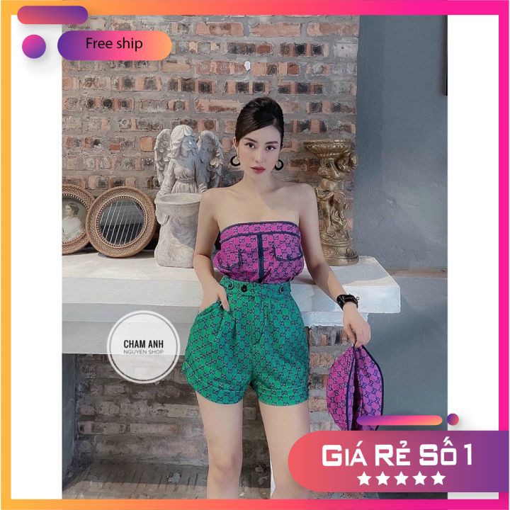 Set đồ nữ áo trễ vai quần short cạp cao xanh mũ kiểu hàn thời trang nữ 2021 cao cấp phong cách FoLo-Fashion