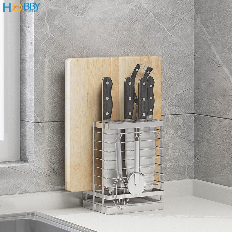 Kệ cắm dao keo thớt có 3 móc treo đồ Hobby Home Decor DD2N3 inox 304