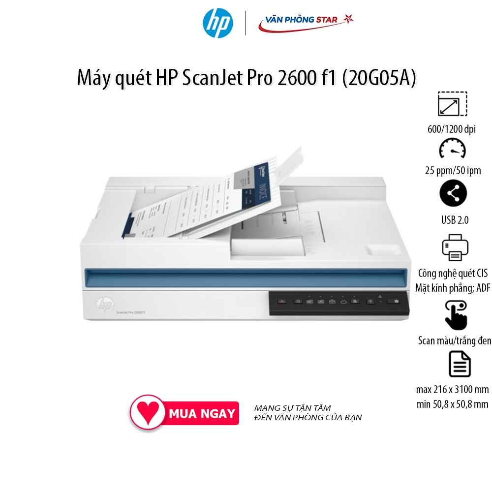 Máy quét HP ScanJet Pro 2600 f1 (20G05A) ADF; Công nghệ quét CIS; Mặt kính phẳng; Lên đến 25 ppm/50 ipm 1200 x 1200 dpi