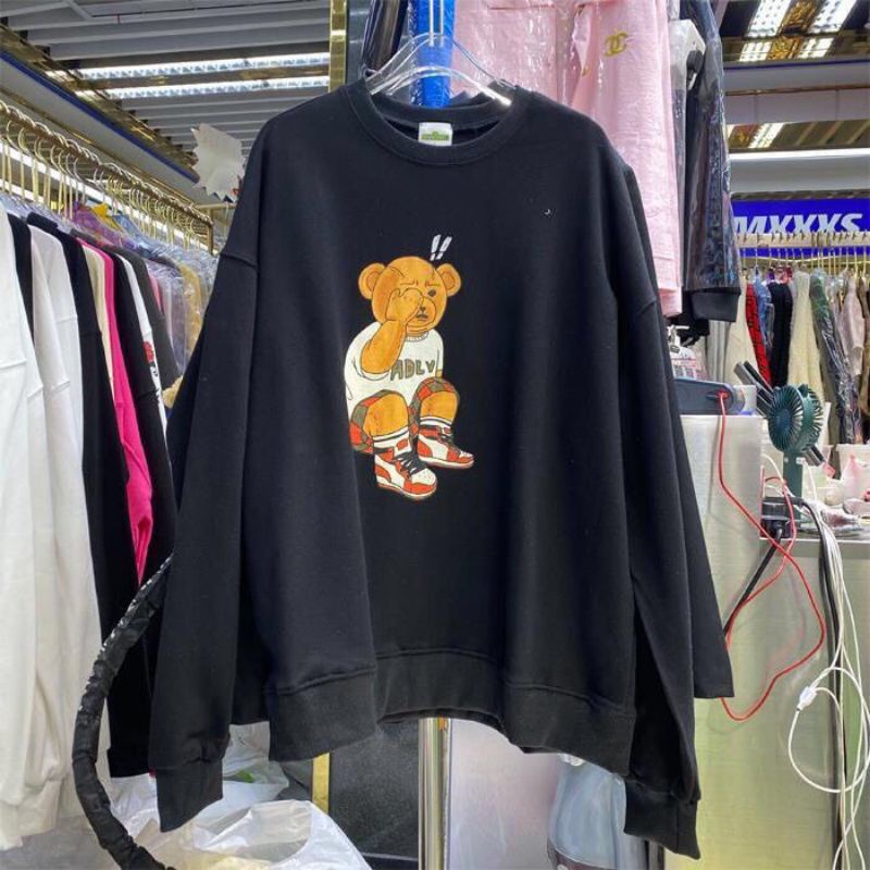 Áo Sweater Hình Gấu Ngồi Che Mắt ADLV Form Rộng Unisex Tay BồNG, Chất Nỉ Cotton Dày Đẹp Hot Trends (ảnh thật 100%)