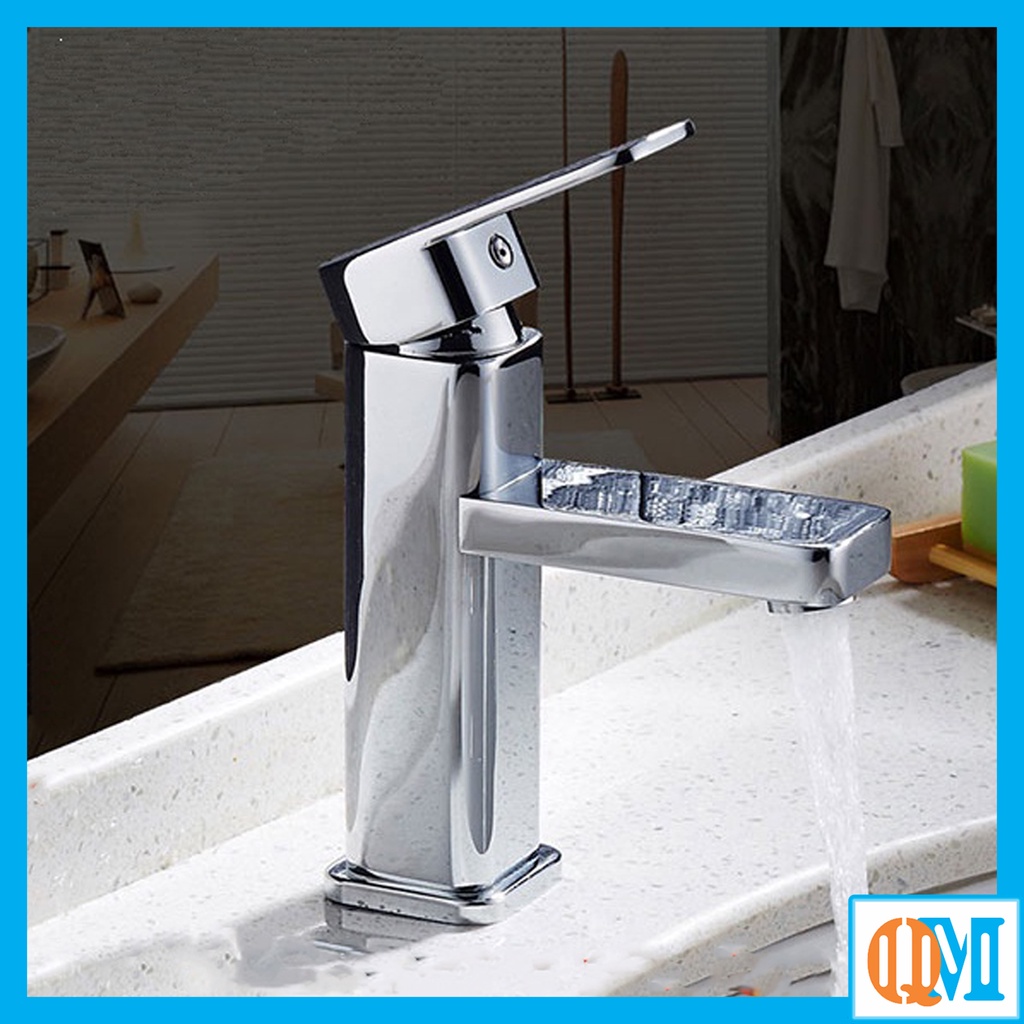 Vòi Lavabo, vòi bồn rửa mặt thiết kế thân Vuông 2 đường nước nóng lạnh chất liệu inox Bóng + Tặng kèm 2 dây nóng lạnh