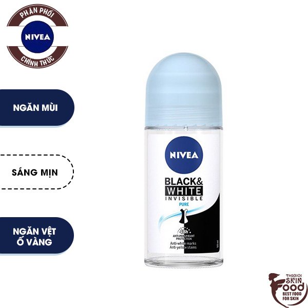 Lăn Khử Mùi Dưỡng Da Sáng Mịn, Ngăn Vệt Ố Vàng Nivea Black &amp; White Invisible Pure [che tên sp khi giao hàng]